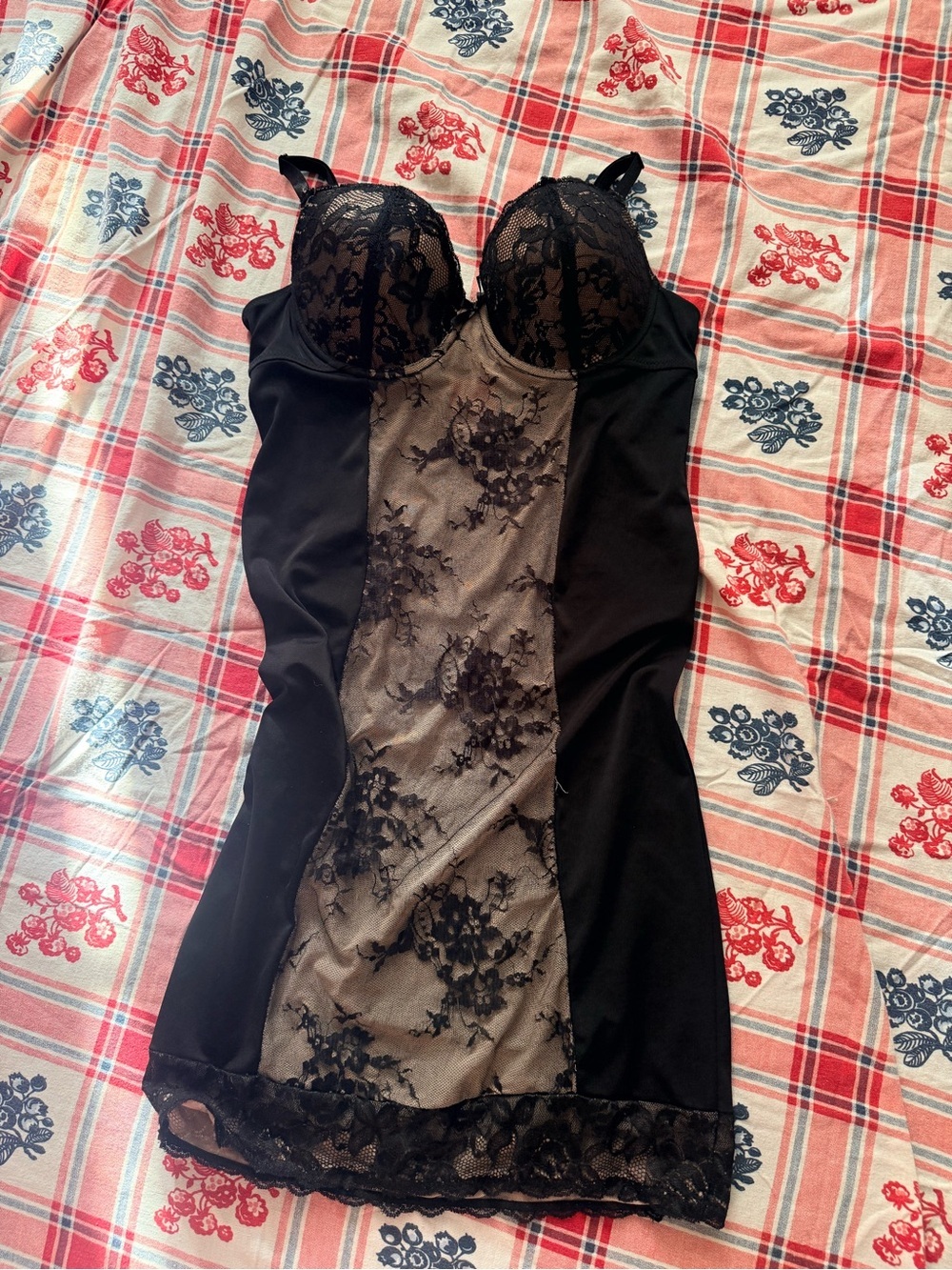 Black Lace-Front Chemise with Sheer Floral Panel